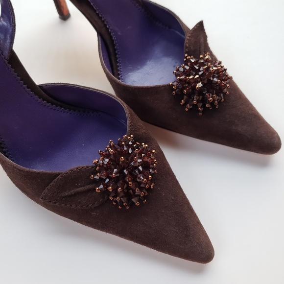 A. Marinelli Brown Suede Swarovski Crystal Flower Slingback Heels Size 6 - Picture 3 of 7